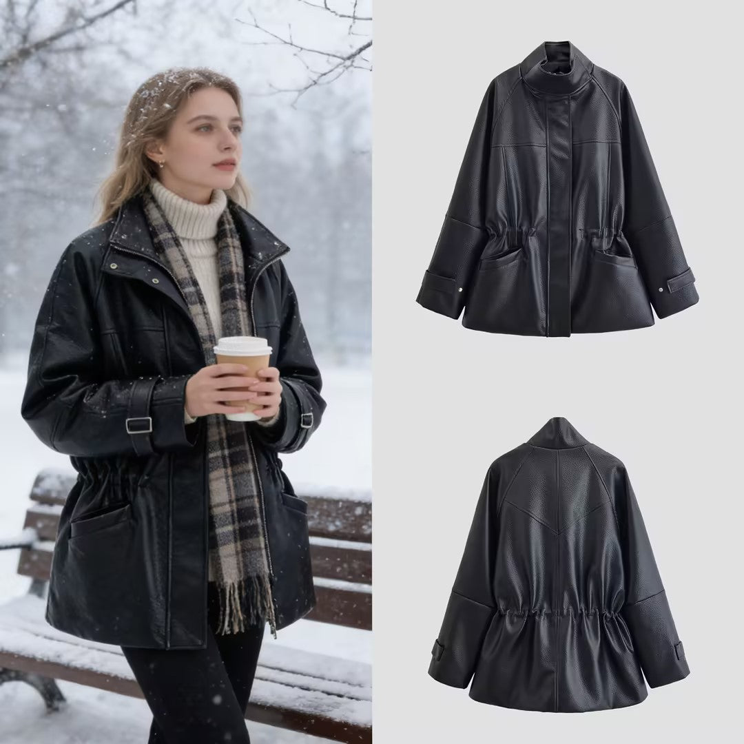 Women's Oversized Faux Leather Jacket with Stand Collar, Waist Drawstring and Patch Pockets Mune Fashion