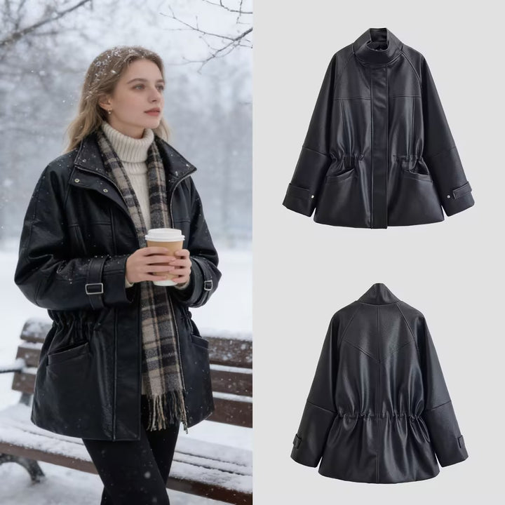 Women's Oversized Faux Leather Jacket with Stand Collar, Waist Drawstring and Patch Pockets Mune Fashion