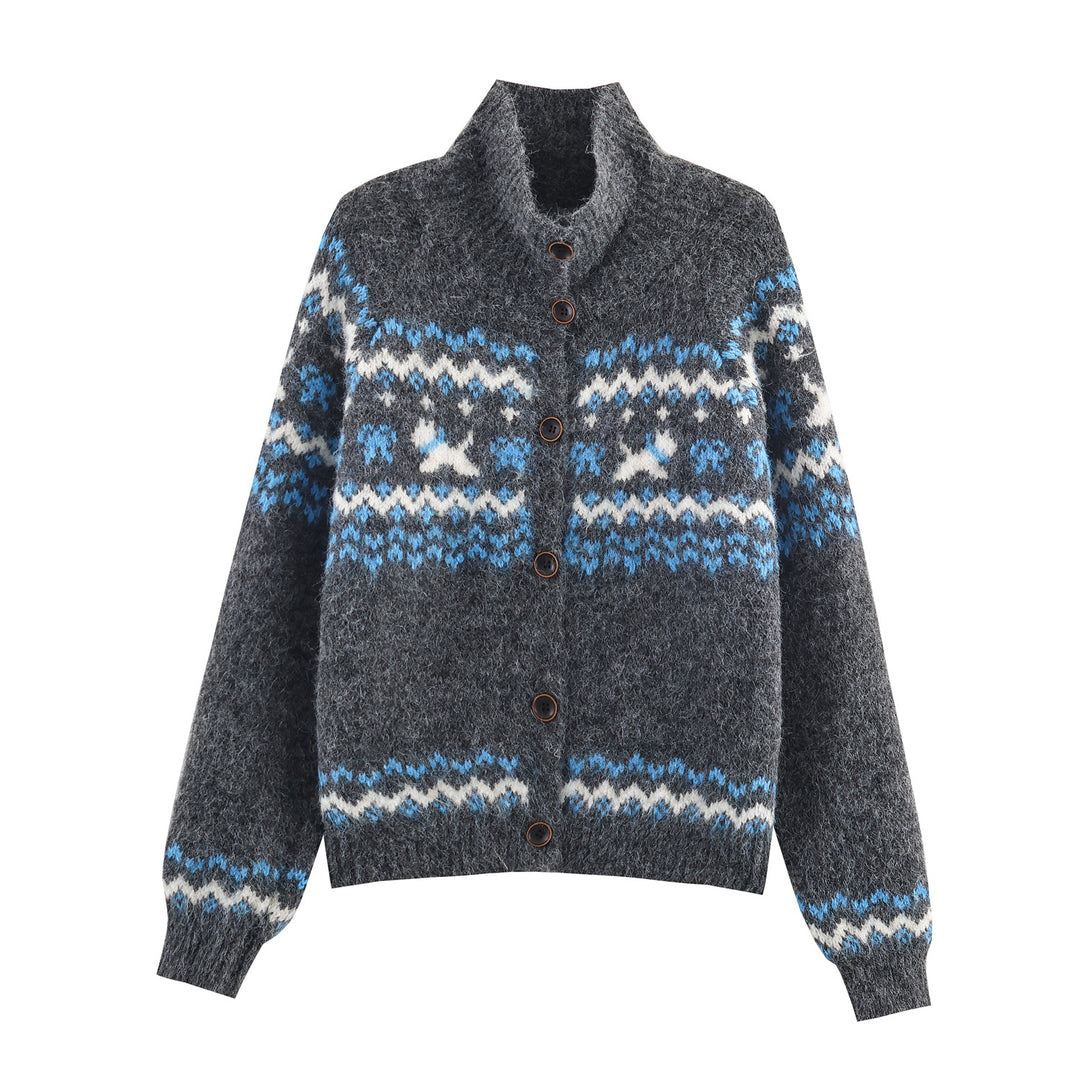 Women's knit cardigan with Norwegian pattern and high roll neck Mune Fashion