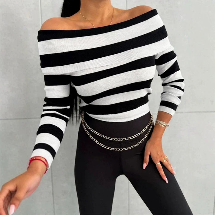 Women Casual Striped Off-Shoulder Top Mune Fashion
