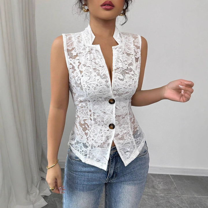 Women tailored sleeveless lace vest with stand-up collar and V-neck Mune Fashion