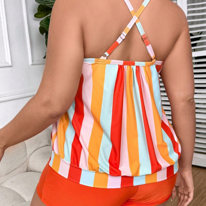 Ladies Tankini Set with playful striped pattern and elegant swim shorts Mune Fashion