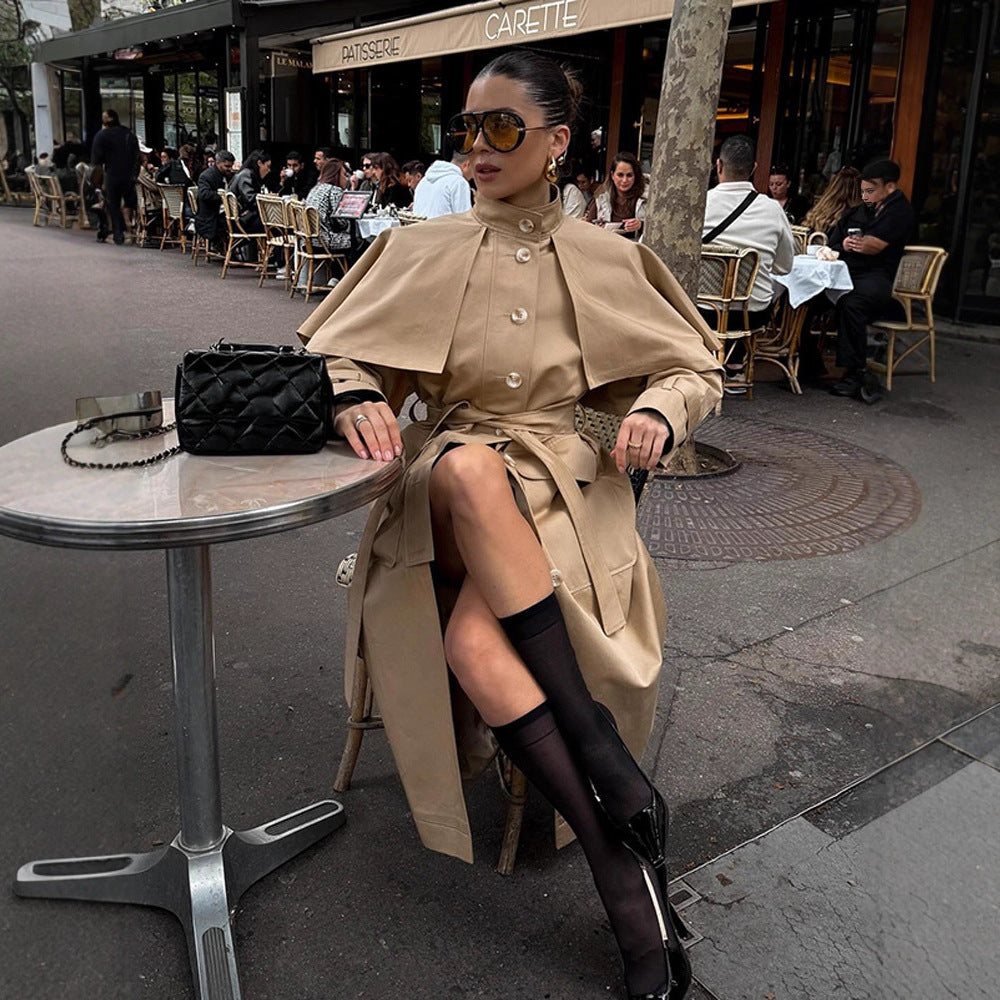 Women Long Trench Coat with Capelet, Waist Belt and Storm Collar Mune Fashion