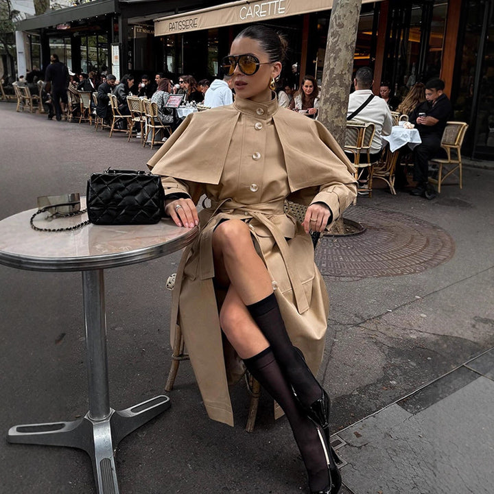 Women Long Trench Coat with Capelet, Waist Belt and Storm Collar Mune Fashion