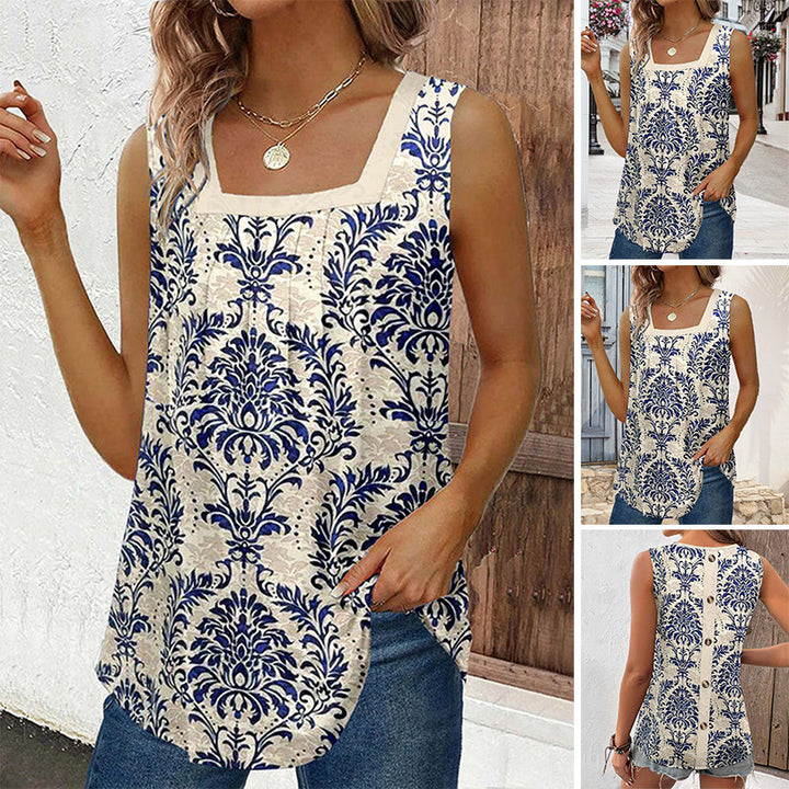 Women's sleeveless linen look top with square neckline, ornamental baroque print and rounded hem Mune Fashion