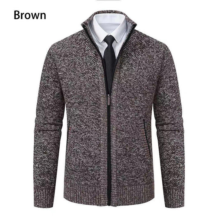 Men's melange knit zip jacket with high stand-up collar, fine texture and concealed side pockets Mune Fashion