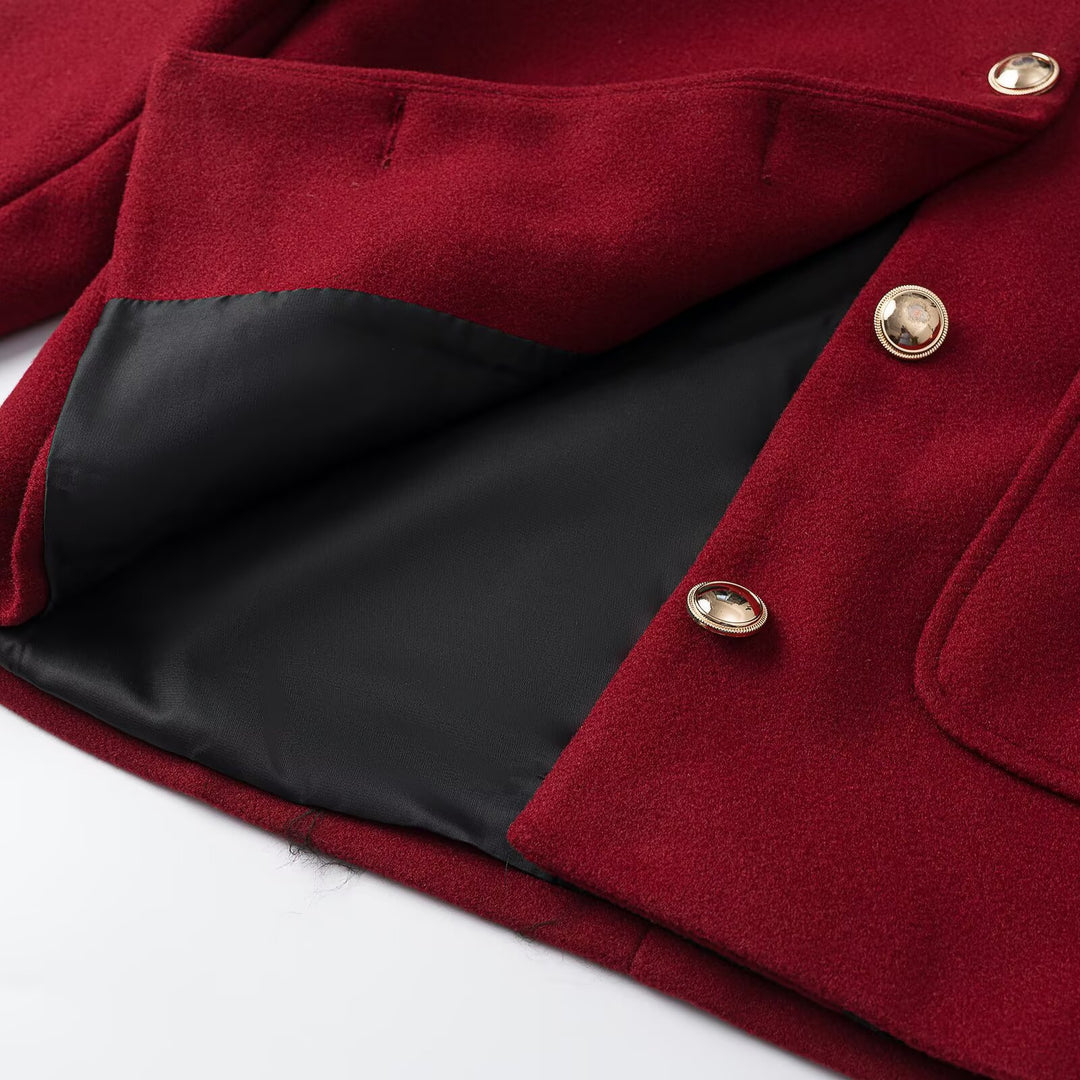 Women's cropped wool blend jacket with round neck, patch pockets and gold decorative buttons Mune Fashion