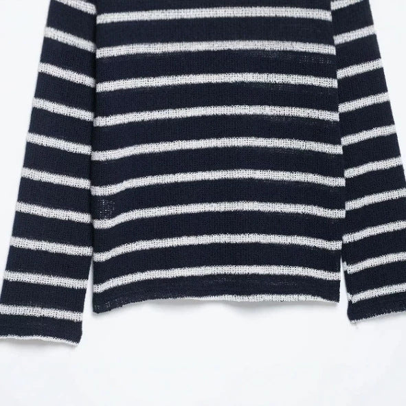 Women Striped Fine Knit Sweater with Back Buttons and Boat Neck Mune Fashion