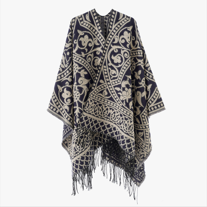 Women’s jacquard poncho with oriental ornament pattern and fringe hem Mune Fashion