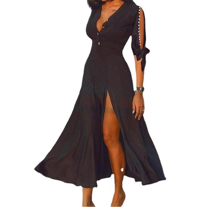Women's maxi dress in evening look with deep V-neck, high front slits and knotted cut-out sleeves Mune Fashion