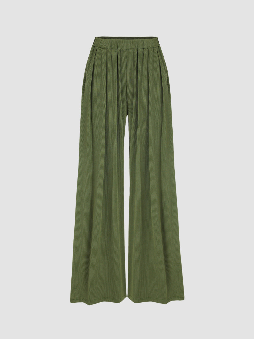 Women's Wide Palazzo Knit Trousers with High Elastic Waistband and Fine Ribbed Texture Drune