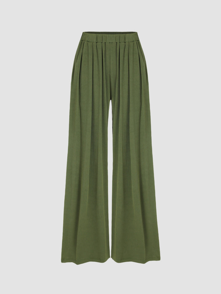 Women's Wide Palazzo Knit Trousers with High Elastic Waistband and Fine Ribbed Texture Drune