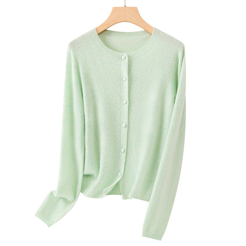 Women Fine Round Neck Cardigan with Button Placket and Light Fleece Mune Fashion