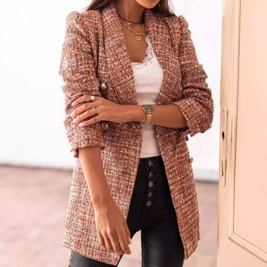 Women tailored checkered long blazer with double-breasted and shoulder pads Mune Fashion