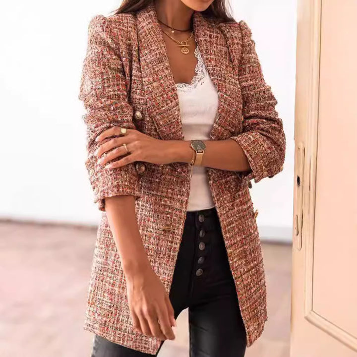 Women tailored checkered long blazer with double-breasted and shoulder pads Mune Fashion