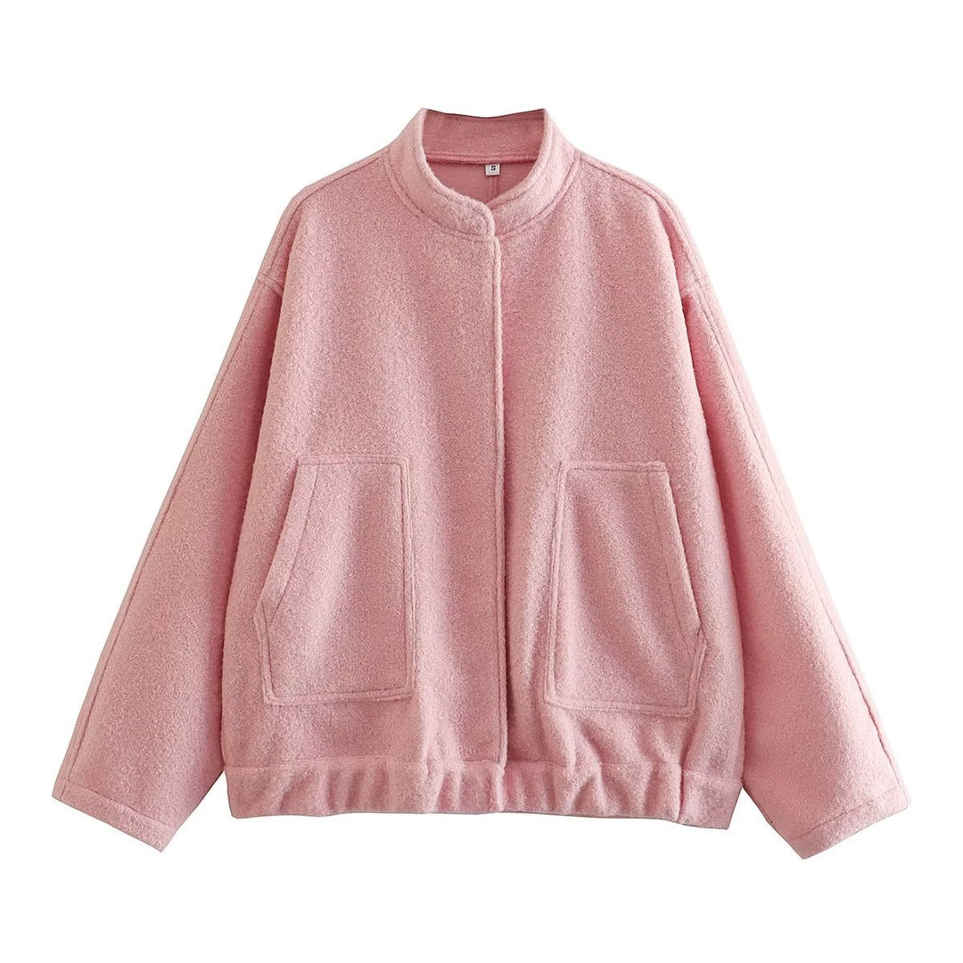 Women’s nan boxy wool blend blouson with stand-up collar, concealed front placket, side pockets and elastic hem Mune Fashion
