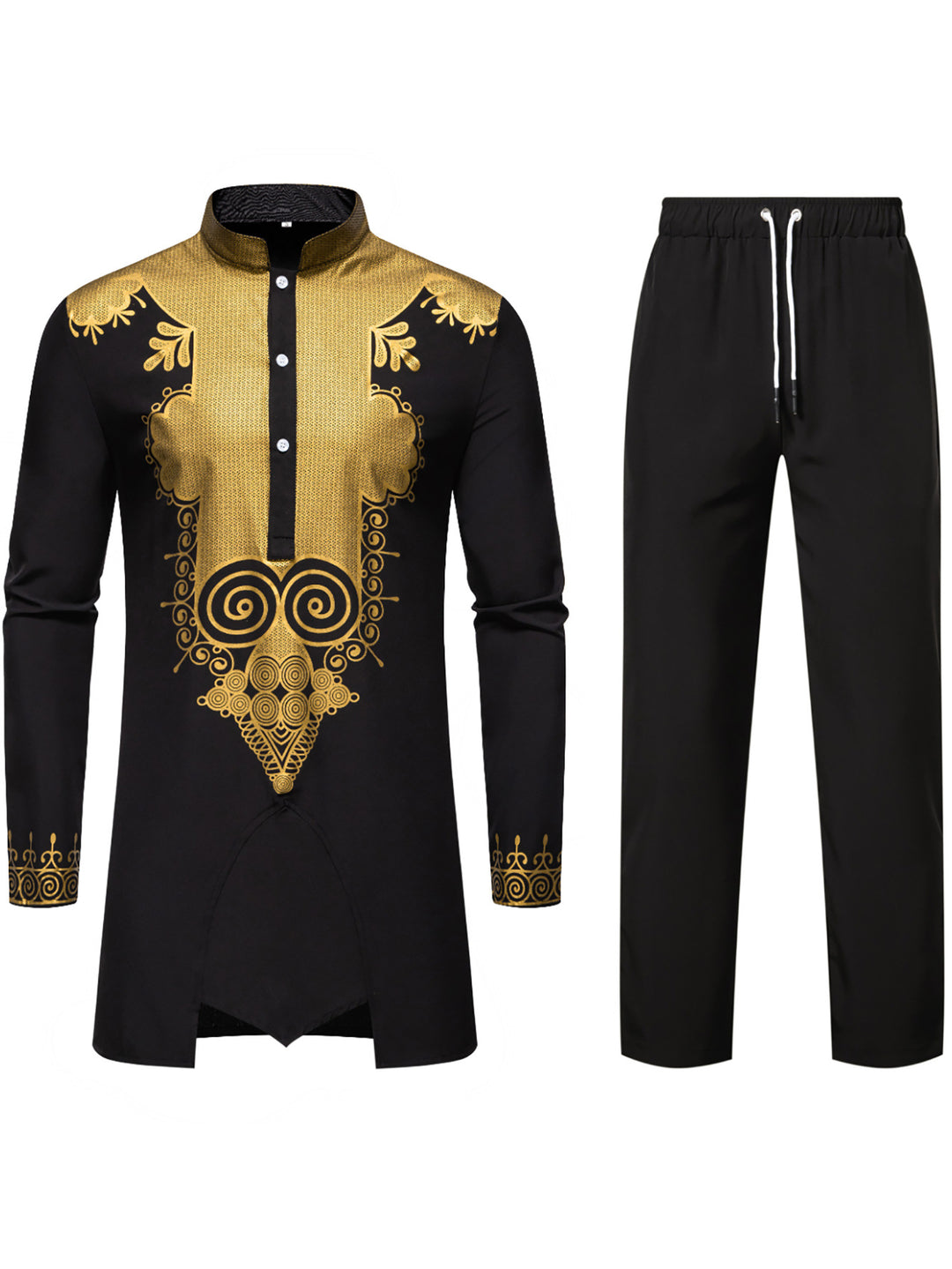 Men's Traditional Tunic Set with Mandarin Collar and Gold-Embellished Ornaments Mune Fashion