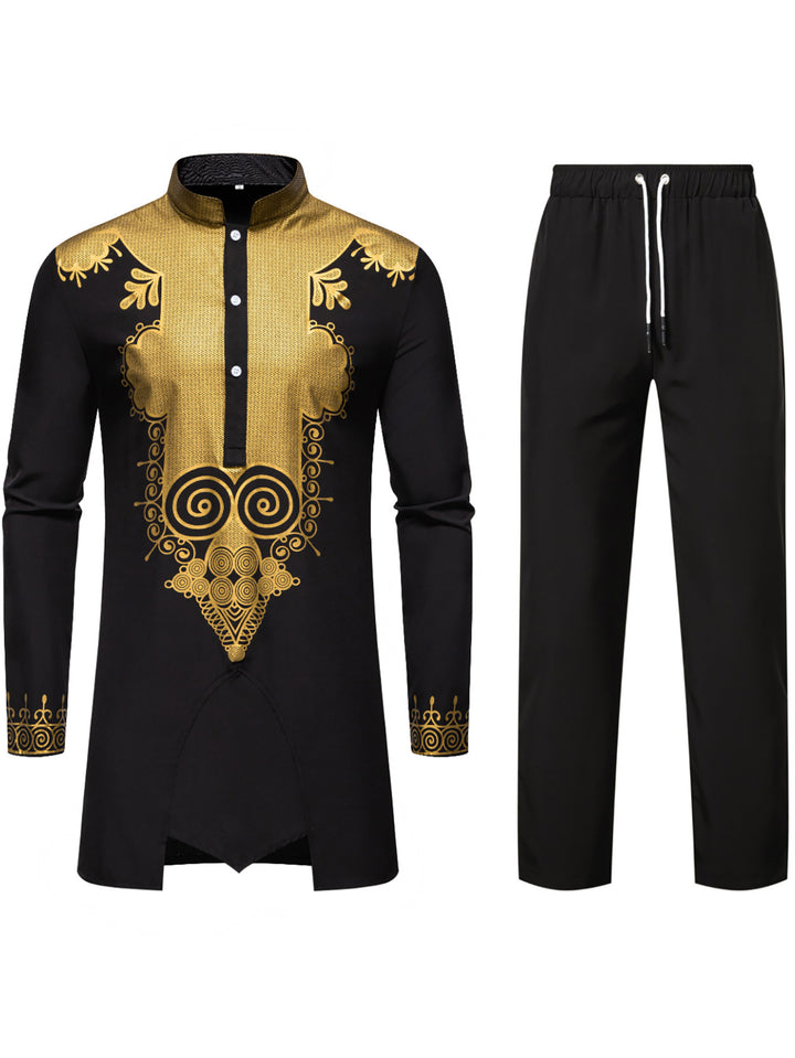 Men's Traditional Tunic Set with Mandarin Collar and Gold-Embellished Ornaments Mune Fashion