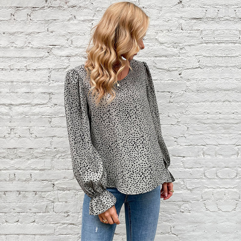 Women's Polka Dot Viscose Blouse with Balloon Sleeves and Ruffle Hem Mune Fashion