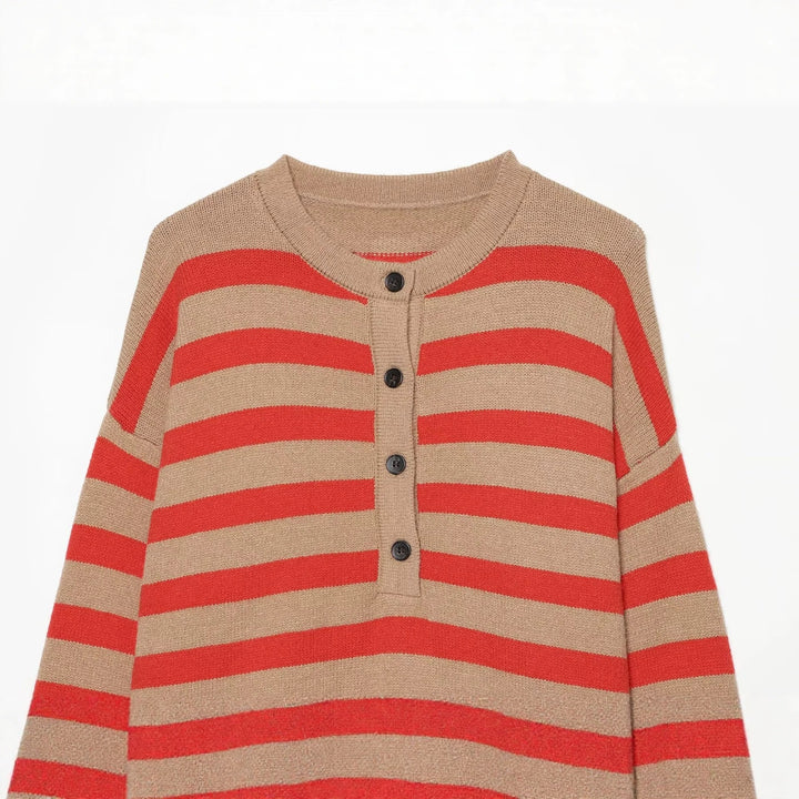 Women's Striped Knitted Sweater with Henley Button Placket Mune Fashion