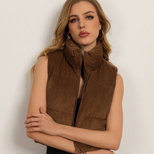 Women's non-padded corduroy boxy vest with voluminous stand-up collar and adjustable drawstring hem Mune Fashion