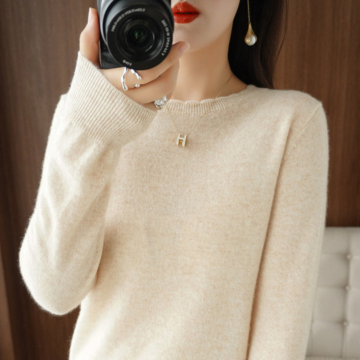 Women Soft Cashmere Blend Rounded Neck Sweater with Fine Ribbed Cuff