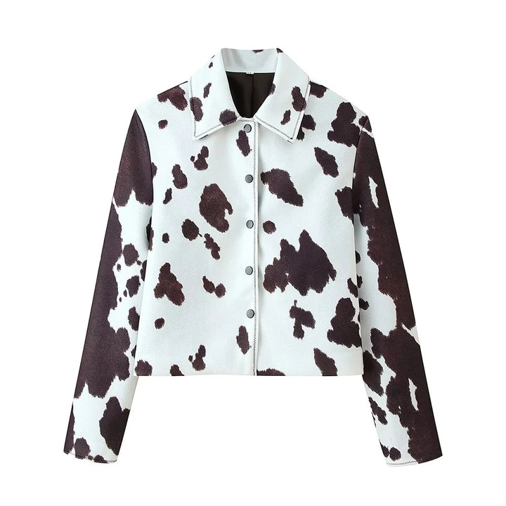 Women's cropped shirt jacket with cow print pattern and snap button closure Mune Fashion
