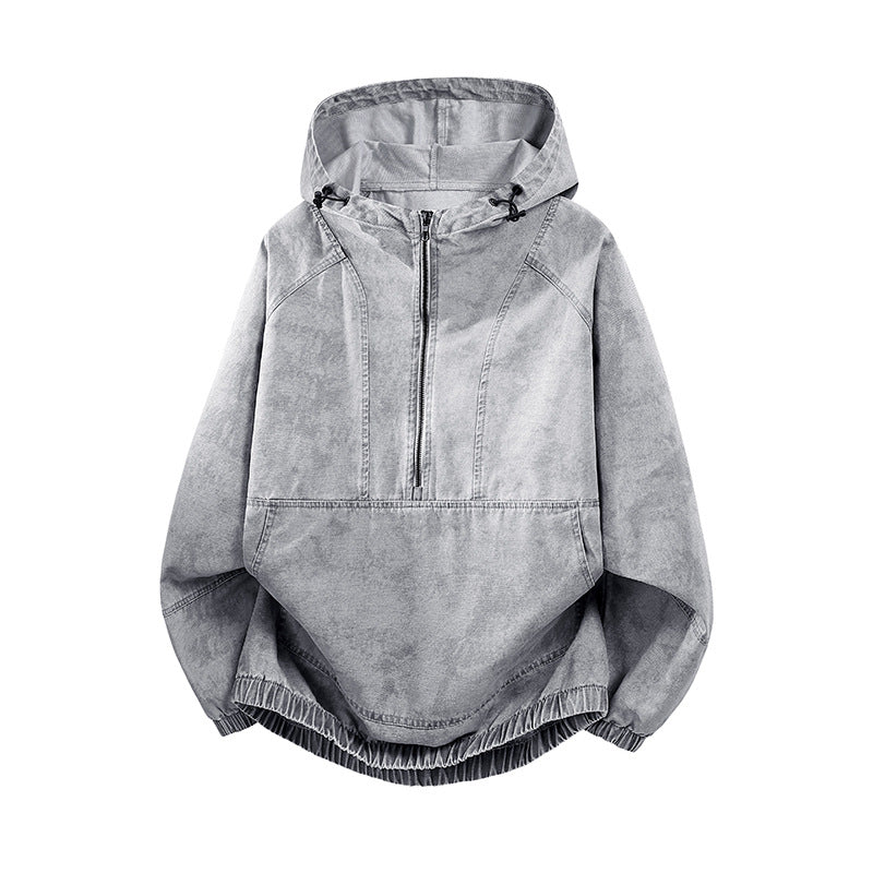 Men's Oversize Canvas Half-Zip Hoodie Anorak with Kangaroo Pocket and Elastic Hem Mune Fashion