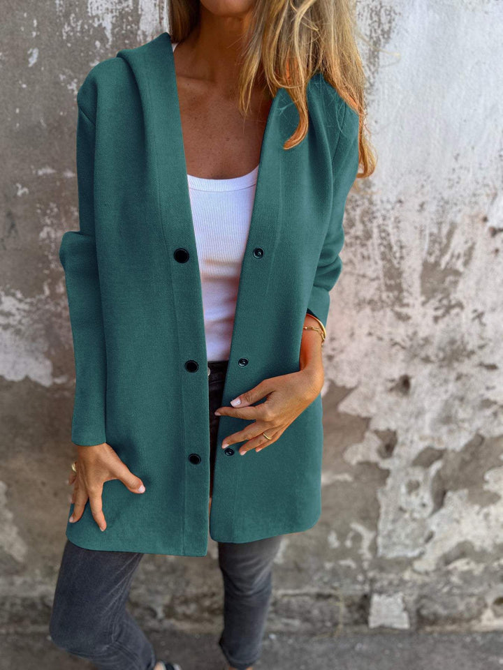 Women's hooded coat mid-length cotton blend with snap button placket and side pockets Mune Fashion