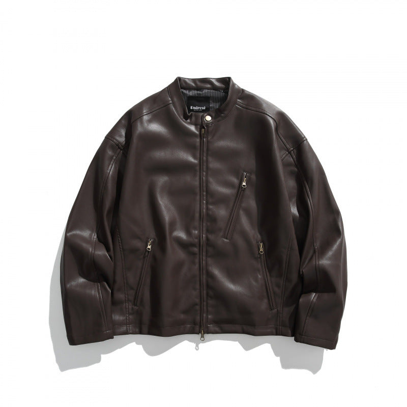 Men's short jacket made of vegan leather with a stand-up collar, three zip pockets, and two-way zipper Mune Fashion