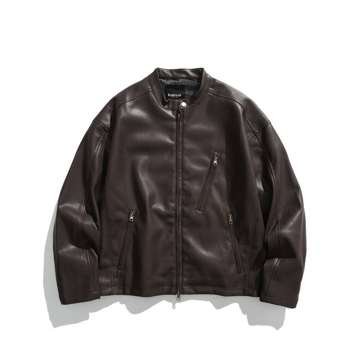 Men's short jacket made of vegan leather with a stand-up collar, three zip pockets, and two-way zipper Mune Fashion