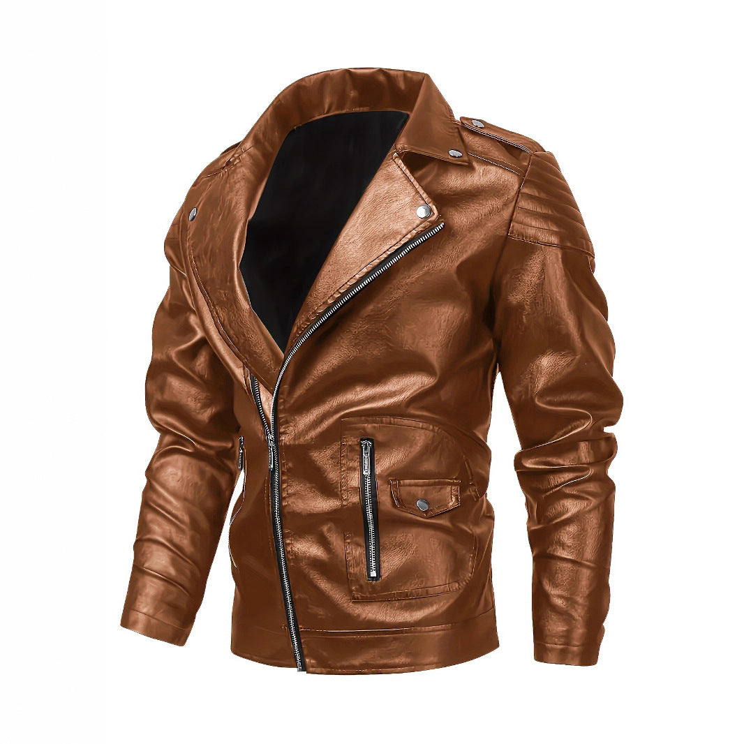 Men's biker jacket made of faux leather with asymmetrical zipper and padded shoulder inserts Mune Fashion