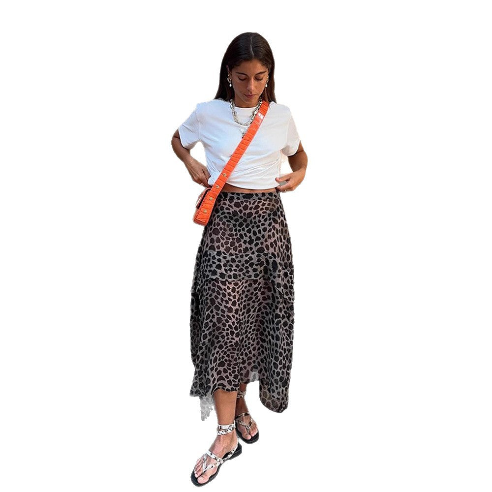 Women's Light Chiffon Midi Skirt with Asymmetrical Hem & Leo Print Mune Fashion