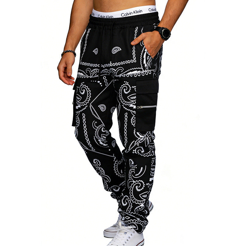 Men's Cargo Jogging Pants with Paisley Pattern, Elastic Waistband, Multiple Zipper and Flap Pockets Mune Fashion