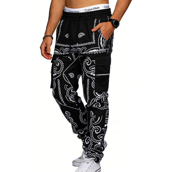 Men's Cargo Jogging Pants with Paisley Pattern, Elastic Waistband, Multiple Zipper and Flap Pockets Mune Fashion