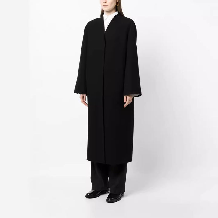 Women's Maxi-Length Minimalist Coat with Concealed Front and Boxy Shoulder Mune Fashion