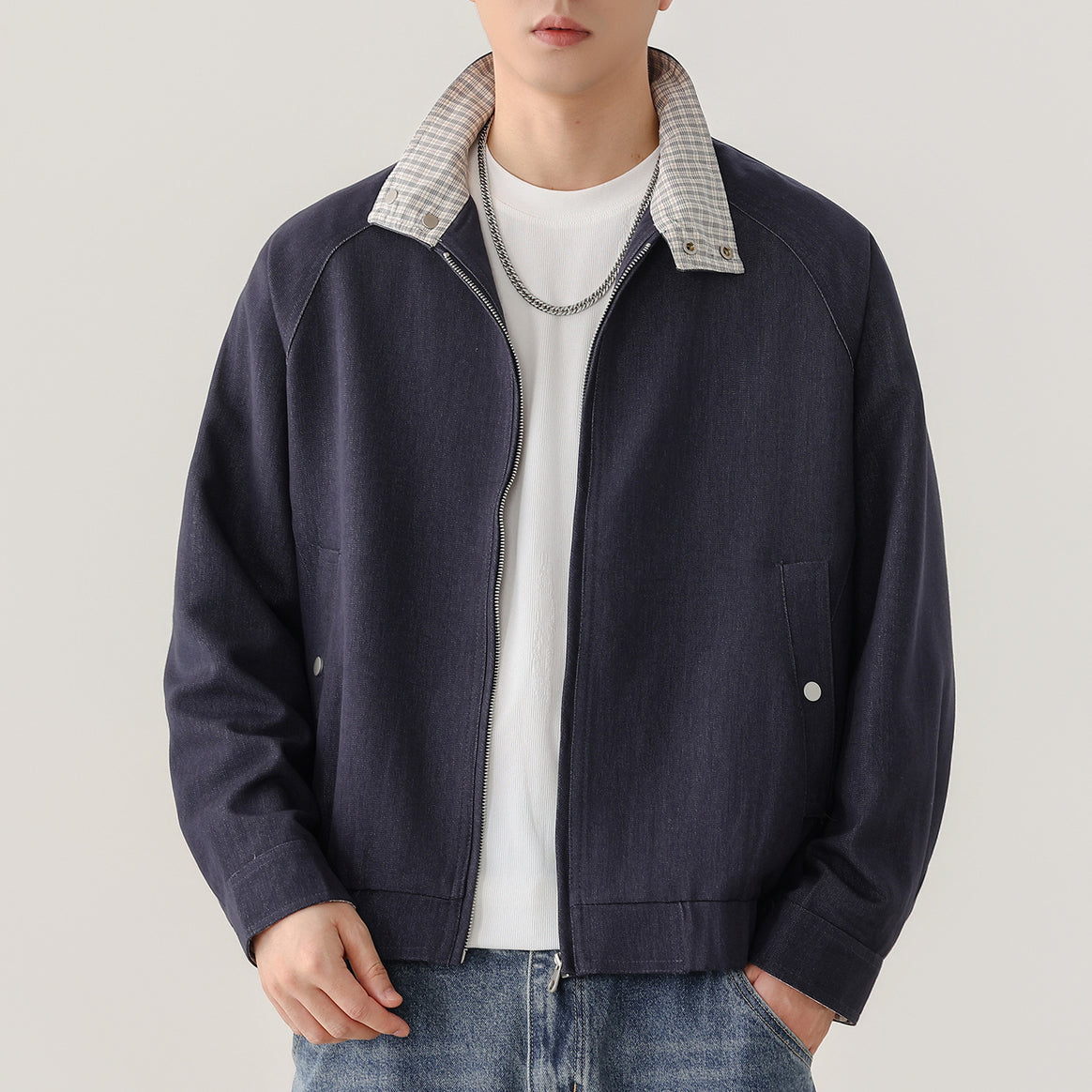 Men's lightweight bomber jacket with zipper and checkered stand-up collar Mune Fashion