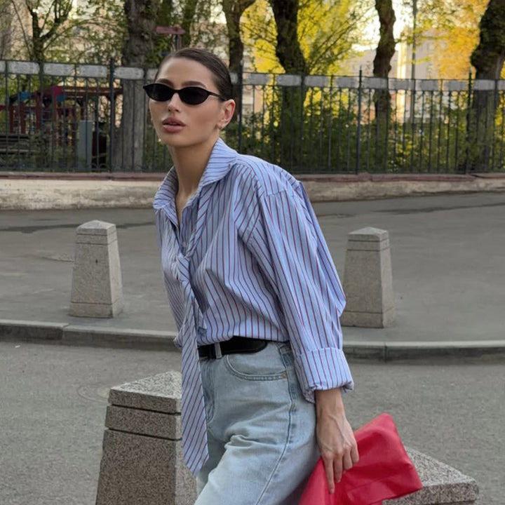 Women's Striped Blouse with Integrated Tie Detail & Oversized Cut Mune Fashion