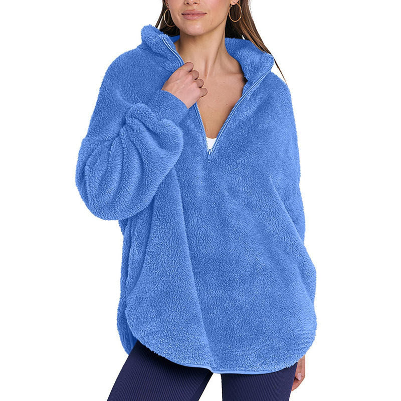 Women Fluffy Oversized Sherpa Pullover with Half Zip and Kangaroo Pockets Mune Fashion