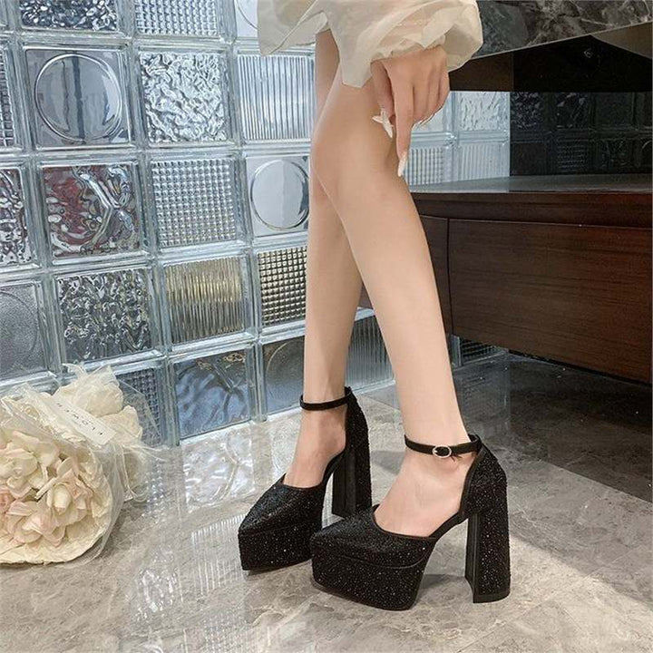 Women’s Platform Block-Heel Sandals with Square Toe Box and Rhinestone Trim Mune Fashion