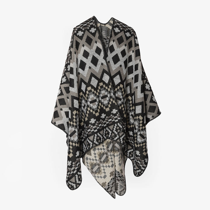 Women Large-area Jacquard Cape Poncho with geometric-ethnic pattern and boxy silhouette Mune Fashion