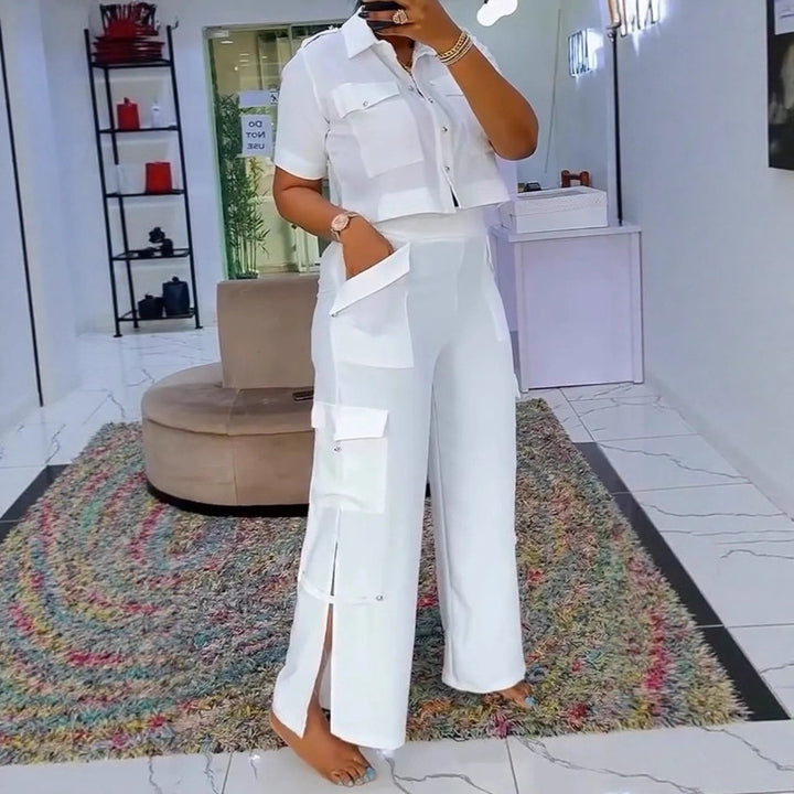 Women's two-piece shirt and cargo pants set with short oversized shirt, high waist, wide leg, and side leg slits Mune Fashion