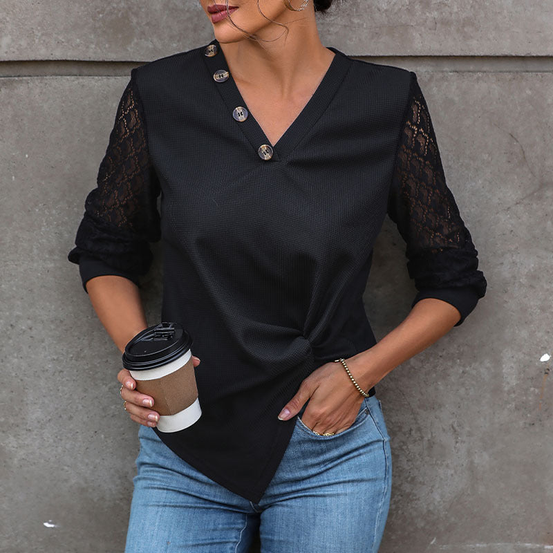 Women’s V-Neck Blouse Shirt with Lace Sleeves, Asymmetrical Button Placket and Knot Front Mune Fashion