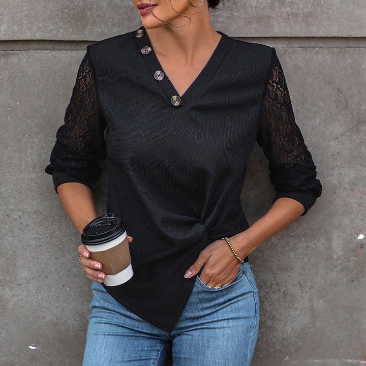 Women’s V-Neck Blouse Shirt with Lace Sleeves, Asymmetrical Button Placket and Knot Front Mune Fashion