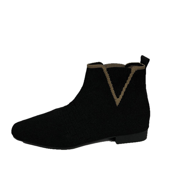 Women's knitted sock ankle boot with elastic V-insert, pull tab and flat block heel Mune Fashion