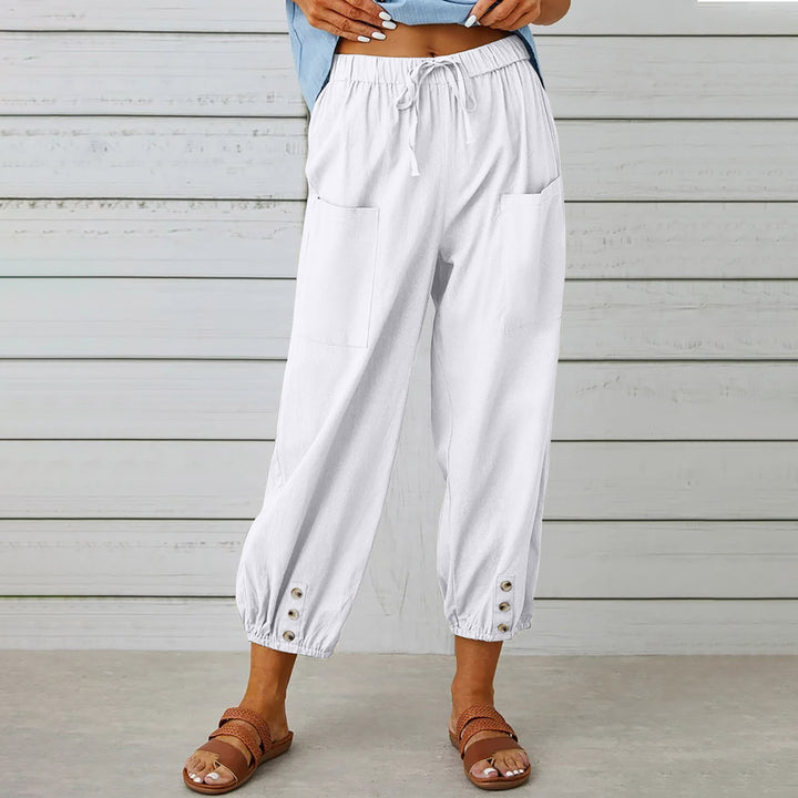 Women’s lightweight cotton-linen pants with drawstring, patch pockets and buttoned cuffs Mune Fashion