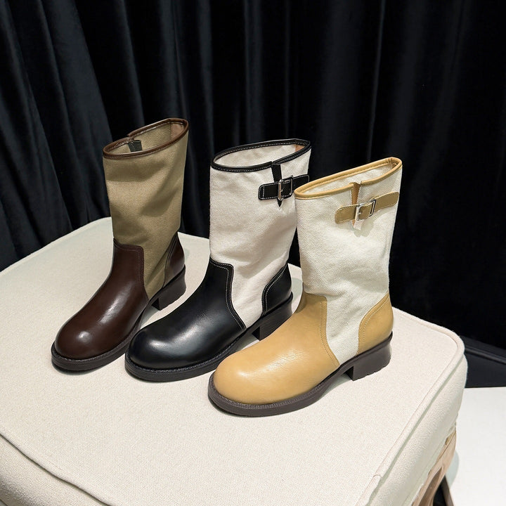 Women Mid-Calf Boots made of smooth leather and canvas with decorative buckle straps Mune Fashion