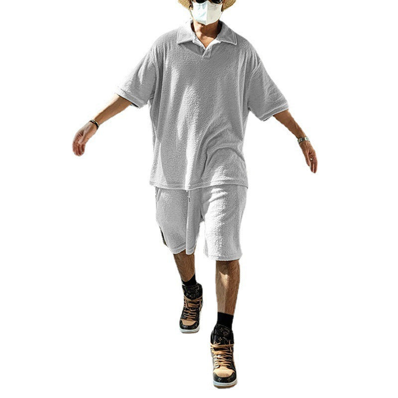 Men's urban wide leisure set with Henley collar, extended loose-fitting shirt and knee-length jersey shorts Mune Fashion