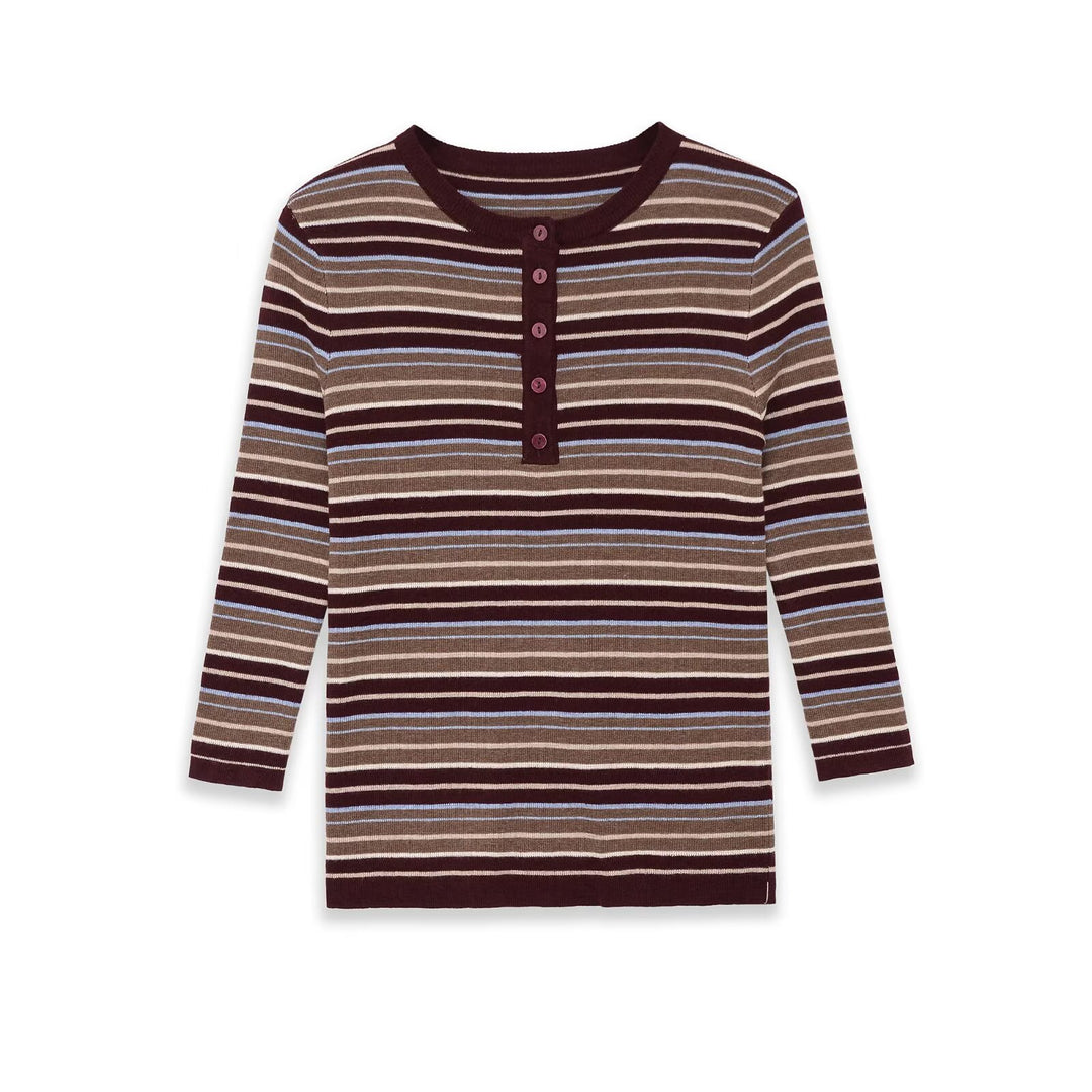 Women's fine knit Henley shirt with fine stripe structure and button placket Mune Fashion