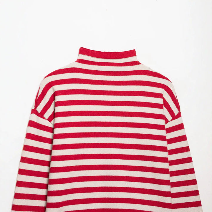 Women Striped Cropped Knitted Cardigan with Stand-up Collar Mune Fashion